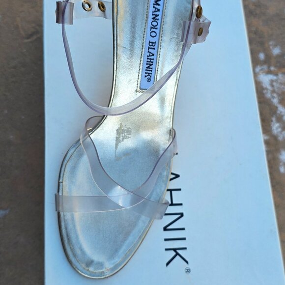 Vintage Manolo Blahnik Heeled Sandals (Gold Leather/PVC Straps) EU 37/US 7 - Picture 5 of 6